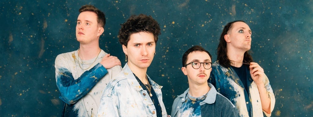 Holding Absence Australian Tour 2026 - Four band members posed against a textured teal and gold backdrop for Holding Absence's Australian tour promotion.