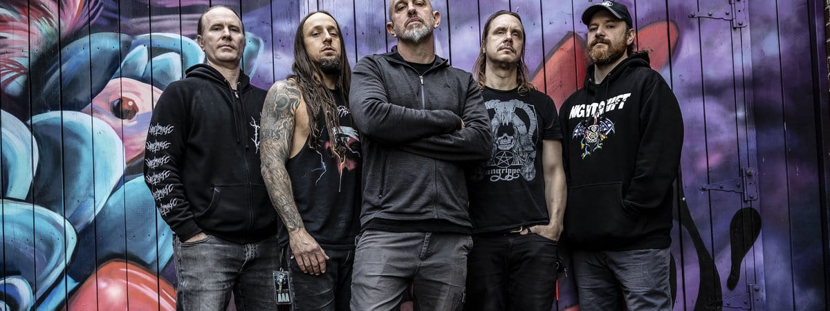 Tasmania's metal titans Psycroptic meet US progressive death metal force Rivers of Nihil - Five metal musicians stand shoulder-to-shoulder against a vibrant purple and pink graffiti backdrop.