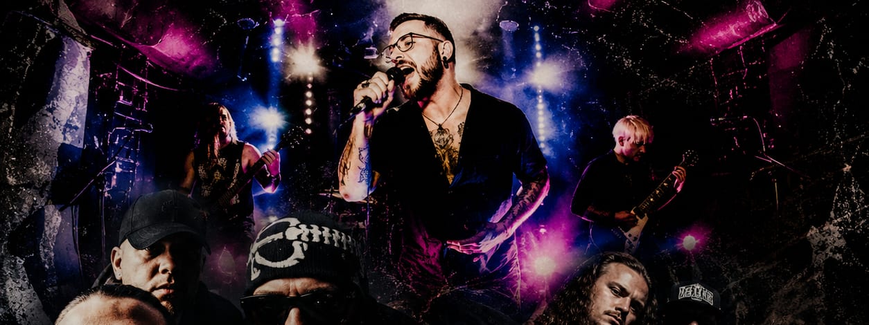 Ocean Grove headline Oddworld Underground Tour in August with Cane Hill's return to Australia - Band members posed dramatically under vibrant pink and blue stage lighting against a dark background.