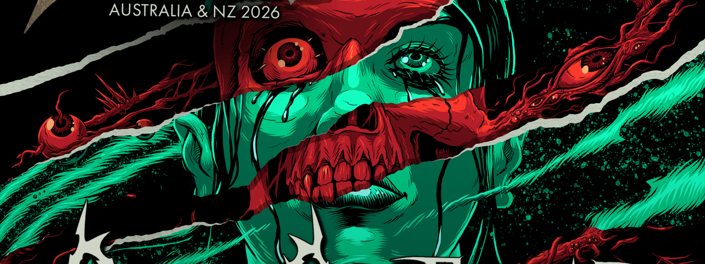 Shred Fest 2026 poster featuring neon green and red abstract imagery with band names in metal lettering.