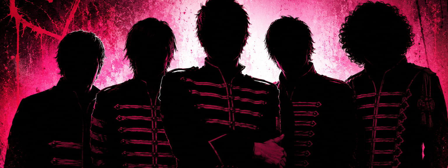 My Chemical Romance's The Black Parade gets a two-decade celebration at Lion Arts Factory - Five band members in military-style jackets silhouetted against pink and red stage lighting with a heart symbol.