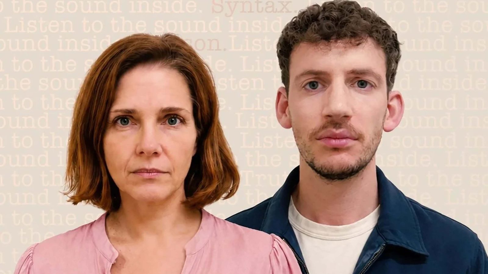 Woman in pink shirt and man in navy jacket face the camera against a neutral beige background.