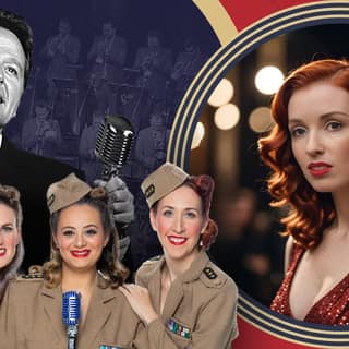 Promotional image for Hooked on Swing featuring performers in vintage attire against a red and gold backdrop with stage lighting.