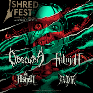 Shred Fest 2026 poster featuring neon green and red abstract imagery with band names in metal lettering.