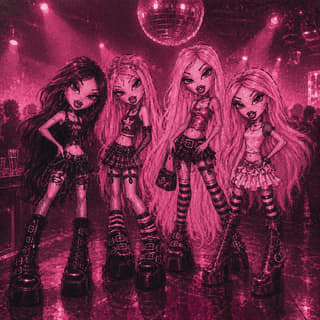 Emo Baddie Night Adelaide - Four stylised dolls with long hair and dark outfits posed against a pink neon-lit backdrop with disco ball and stage lighting.