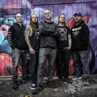 Tasmania's metal titans Psycroptic meet US progressive death metal force Rivers of Nihil - Five metal musicians stand shoulder-to-shoulder against a vibrant purple and pink graffiti backdrop.