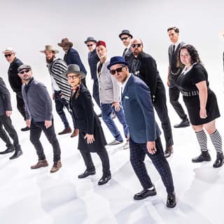 Large group of people in casual and formal attire standing together against a white background.