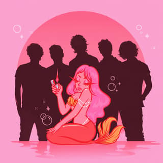 Up All Night: One Direction 16th Anniversary Party - Adelaide - Illustrated mermaid figure in pink surrounded by silhouetted band members against a glowing pink background.