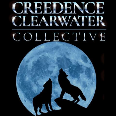 Creedence Clearwater Collective - Two wolves howling in silhouette against a large blue moon on the Creedence Clearwater Collective poster.