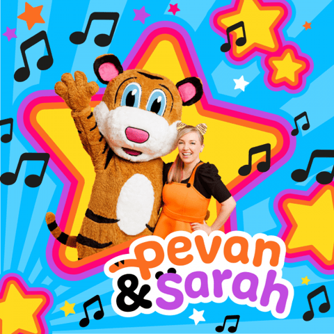 Pevan & Sarah in Adelaide '26 - Tiger mascot character and woman in orange posing together against bright blue and yellow star backdrop with musical notes.