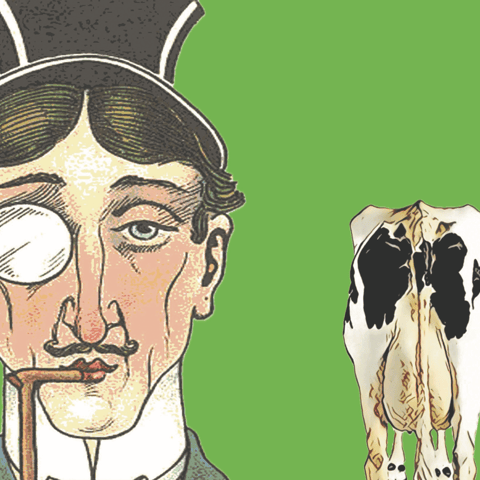 London Assurance | Independent Theatre - Illustrated character with monocle and distinctive moustache beside a cow against bright green background.
