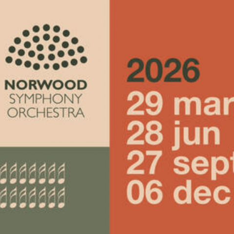 Classics and Confetti - Norwood Symphony Orchestra logo and 2026 performance dates displayed on a cream, rust and green promotional poster.