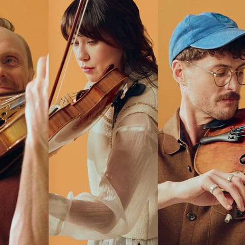 Voyager (Presented by the Australian String Quartet) - Four musicians pose with string instruments against a warm yellow background.