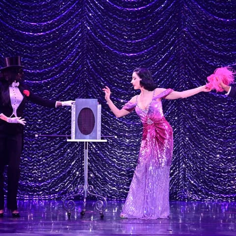 Performer in shimmering gown and pink feathered fan centres stage under purple sequined backdrop with supporting cast.