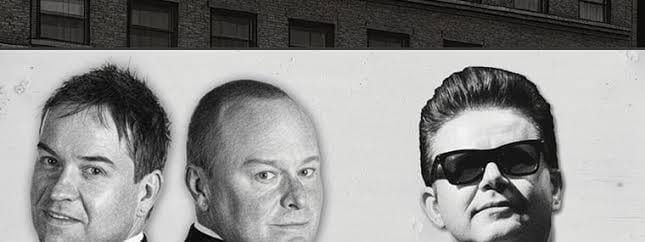 Three men in suits and sunglasses pose in black and white promotional image for Everly Brothers & Friends and Roy Orbison show.