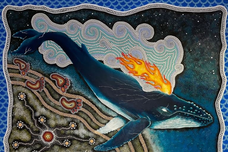 Blue whale breaching with fire and stars in Indigenous dot-painting style artwork with decorative border.