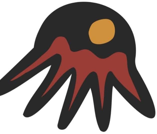 Abstract figure in black, red and gold with curved tentacle-like forms and a circular eye.