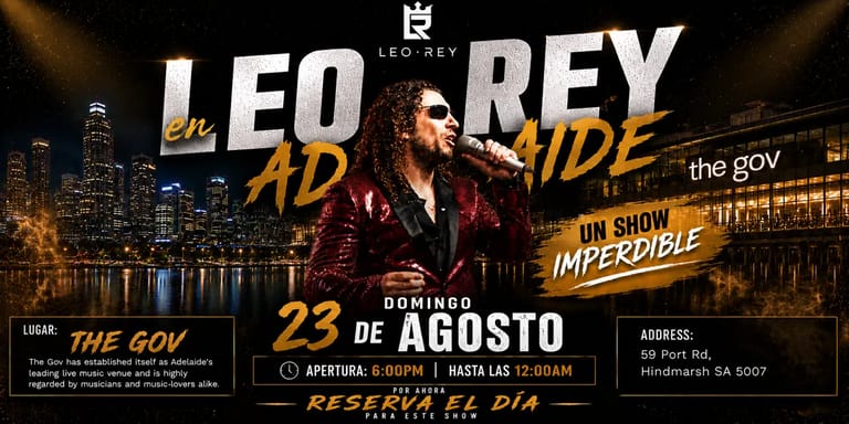 Man in burgundy jacket against city skyline backdrop with concert event text and date 23 August.