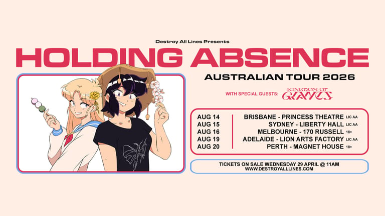 Concert tour poster for Holding Absence featuring illustrated figures and Australian venue dates in pink and black text.