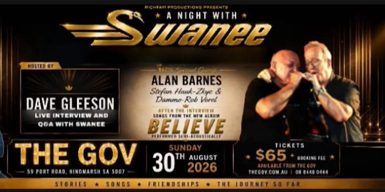 Promotional poster for "A Night with Swanee" featuring gold lettering, performer images, and event details against a dark background.