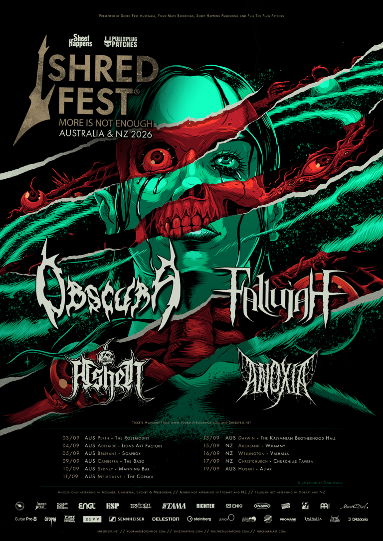 Shred Fest 2026 poster featuring neon green and red abstract imagery with band names in metal lettering.