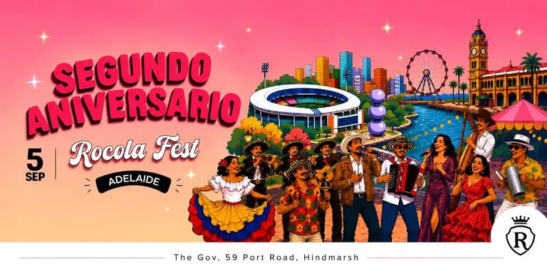 Colourful festival poster for Rocola Fest's second anniversary featuring performers in vibrant clothing against an illustrated Adelaide cityscape.