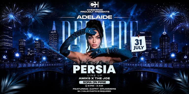 Female performer posed against illuminated cityscape backdrop with "Persia" text and event date graphics in blue neon aesthetic.