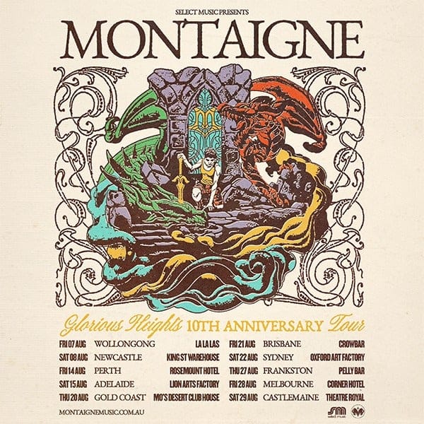 Ornate poster for Montaigne tour featuring intricate illustrated artwork with decorative baroque-style borders and venue details.