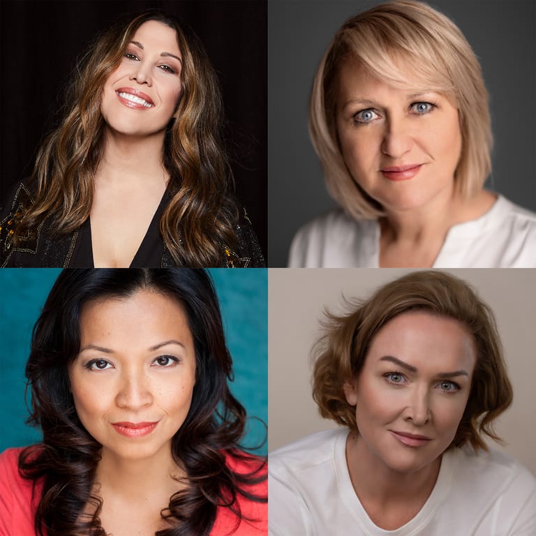 Four women's headshot portraits arranged in a grid with varying backgrounds and styling.Menopause the Musical