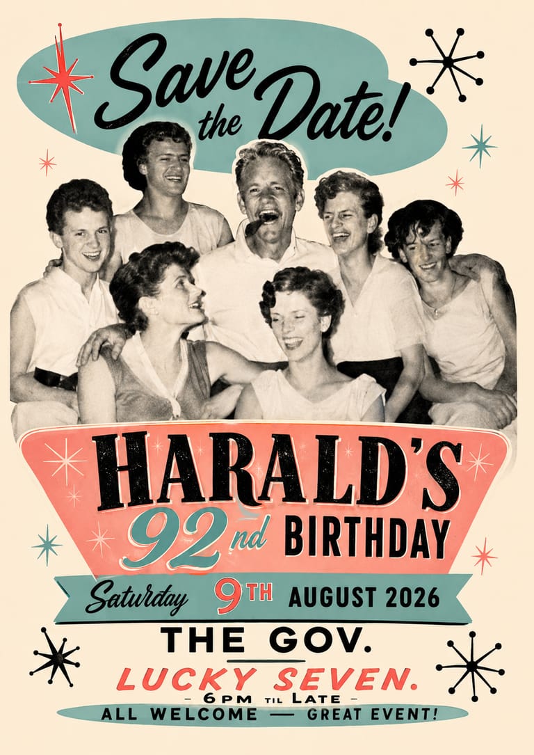 Vintage-style "Save the Date" poster for Harald's 92nd birthday party featuring seven people in 1950s attire against a retro colour palette.