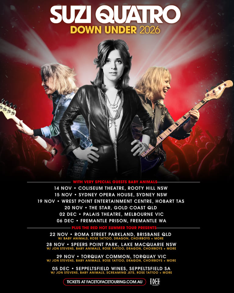 Three musicians in dark leather perform on stage under red lighting during Suzi Quatro's Down Under 2026 tour.