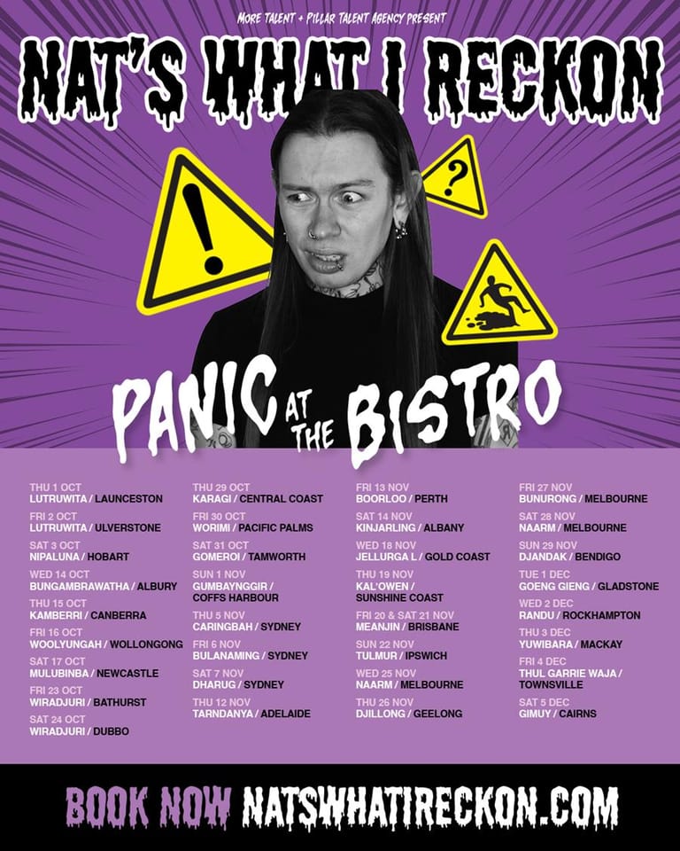 Black-and-white portrait of a person with long dark hair surrounded by yellow warning triangles on a purple background promoting a theatre tour.