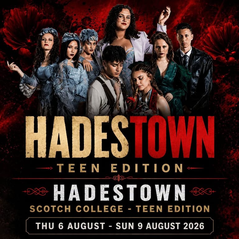 Cast of eight performers posed against a dramatic red backdrop for Hadestown Teen Edition at Scotch College, August 2026.