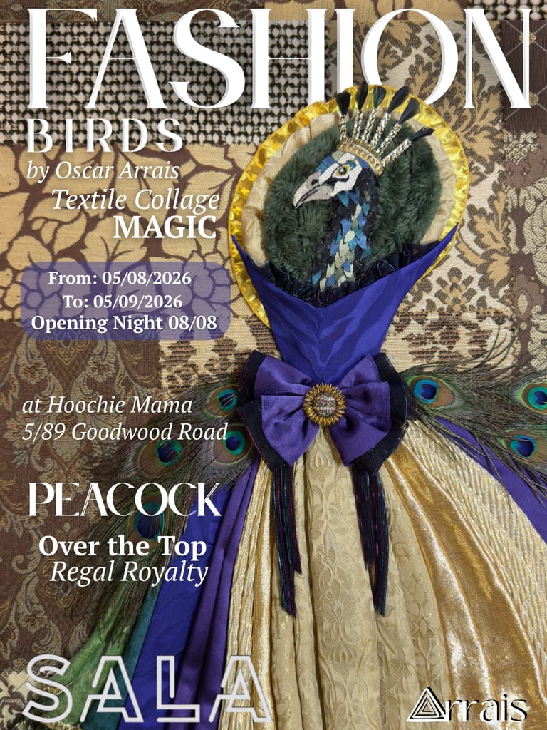 Elaborate peacock brooch with iridescent feathers and blue velvet ribbon displayed on a fashion magazine cover.