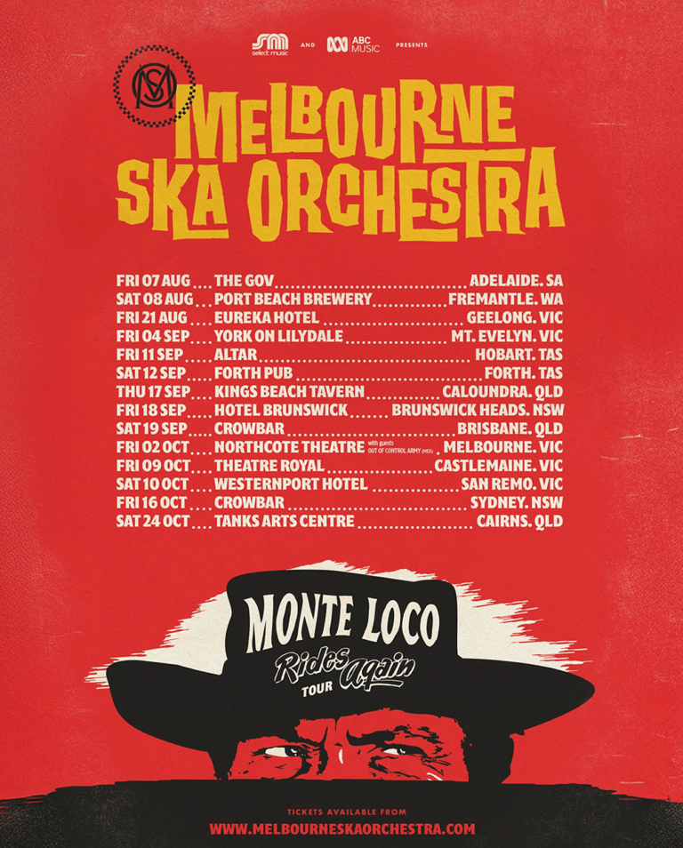 Melbourne Ska Orchestra tour poster with dates and venues listed against a red background and stylised hat graphic.