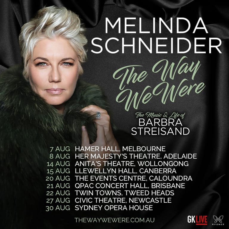 Woman with short platinum blonde hair in dark fur collar against black background, surrounded by tour dates for "The Way We Were" concert series.