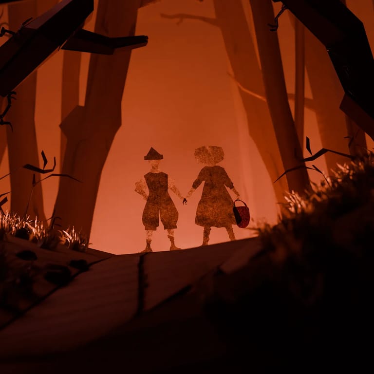 Two silhouetted figures stand in an orange-hued forest clearing, framed by dark branches and undergrowth.