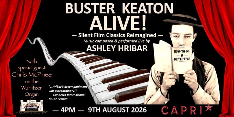 Buster Keaton promotional poster featuring a man in a hat at a piano with red theatre curtains framing the design.