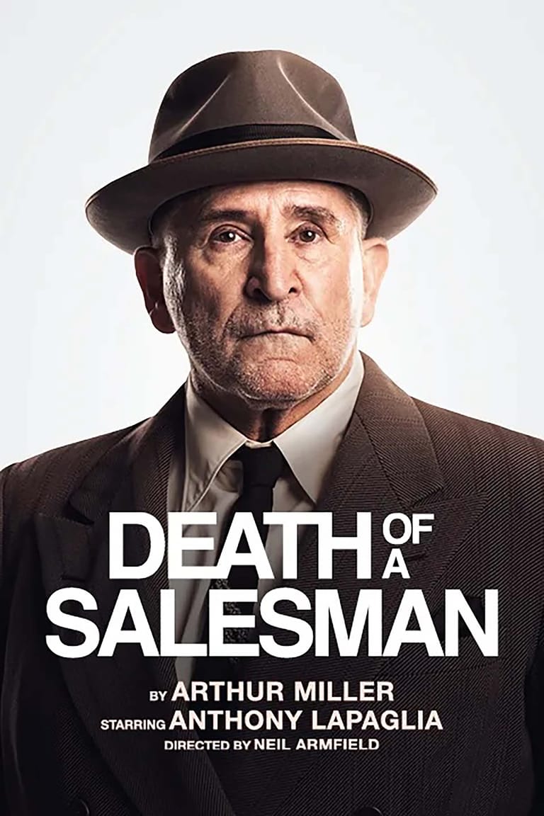 Older man in brown fedora hat and suit against white background with "Death of a Salesman" text overlay.