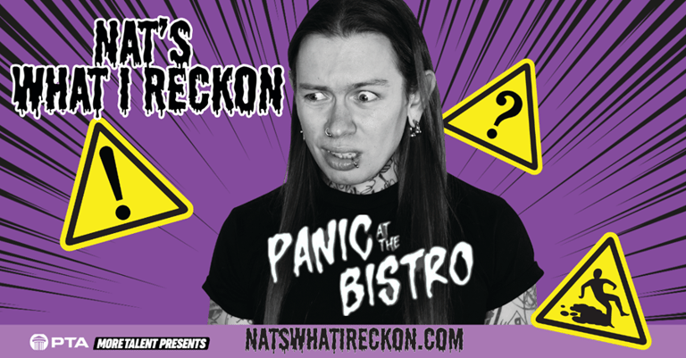 Person in black shirt with "Panic Bistro" text surrounded by yellow warning triangles on purple radial background.