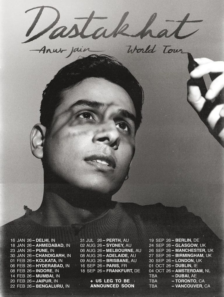 Black and white promotional poster featuring a man's portrait with handwritten text and tour dates listed below.