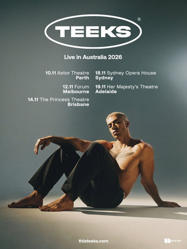 Shirtless man sits cross-legged against grey background with TEEKS tour dates displayed above.