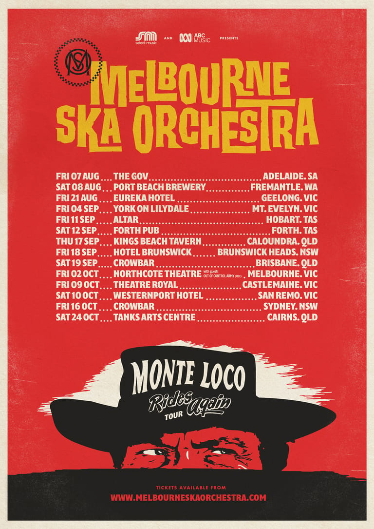Melbourne Ska Orchestra tour poster featuring bold red background with gold lettering and silhouette graphic.