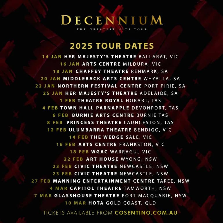 Tour poster for Decennium displaying 2025 Australian theatre dates in gold text on dark red background.