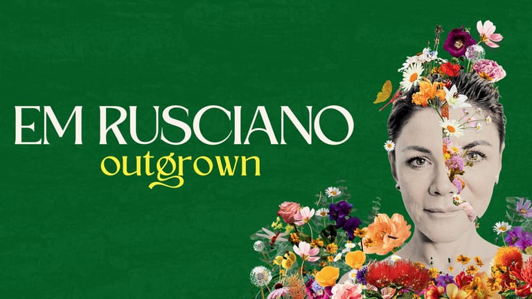 Performer's face split between natural skin and vibrant floral arrangement against dark green background with "outgrown" text overlay.