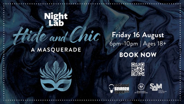 Ornate teal masquerade mask on dark blue background with "Hide and Chic" event text and booking details.