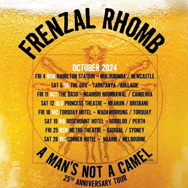 Frenzal Rhomb tour poster showing beer foam background with skeleton illustration and October 2024 Australian venue dates.
