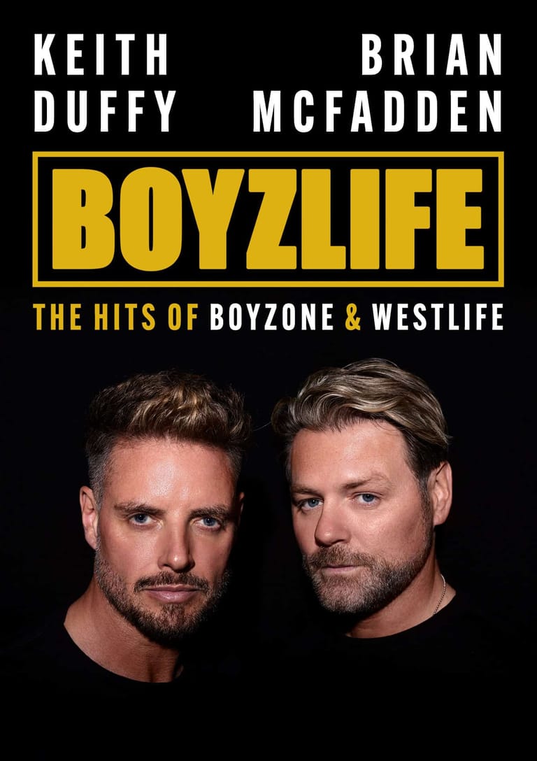 Two men pose against a black background with "Boyzlife" branding and text promoting hits from Boyzone and Westlife.