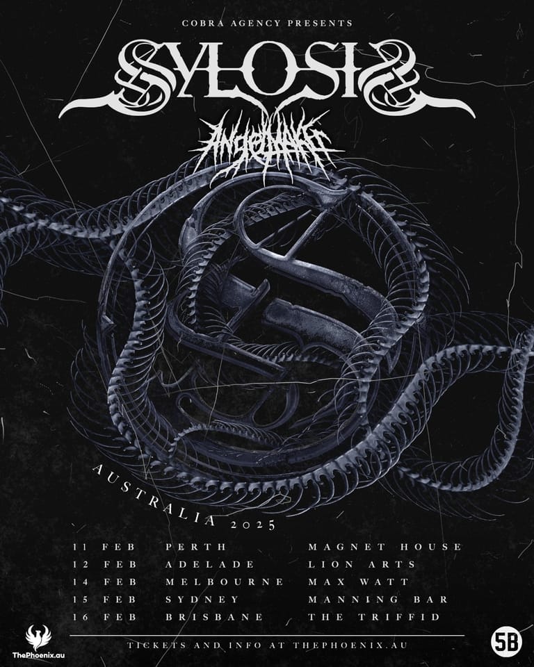 Promotional poster for Sylosis and Ingested Australian tour featuring intertwined serpentine imagery and event dates across major cities.