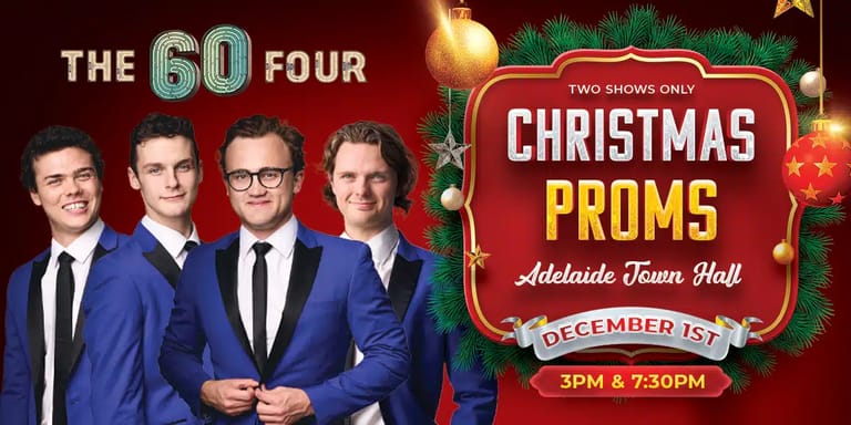 The 60 Four, four men in blue suits and ties, posed against a red backdrop promoting their Christmas Proms show.